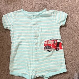 Carter's Aqua Striped One Piece with Fire Truck